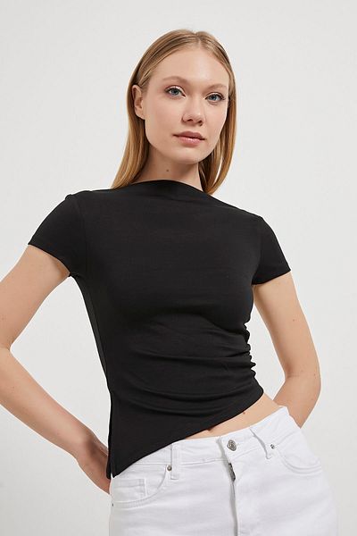 Arma Life Women's Asymmetrical Shirring Short Sleeve Black Crop Blouse