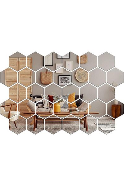 OEM Set de 32 de oglinzi acrilice autoadezive, model hexagonal, 18,5x16x9,3 cm, argintii