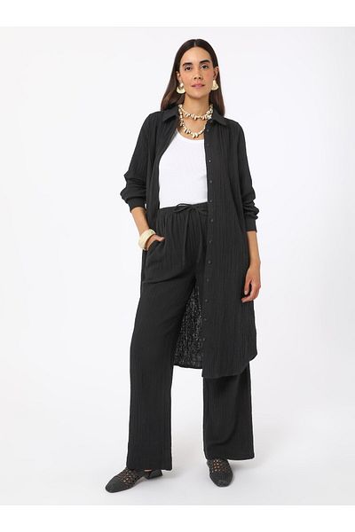 Benin Cotton Muslin Fabric Trousers with Tie Detail - Black -