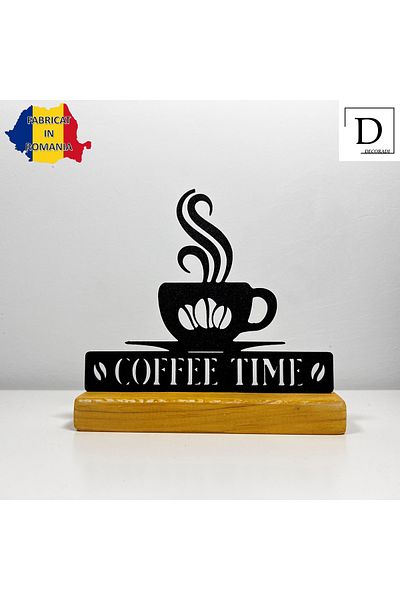 OEM "Sacred Coffee Time" decoration with natural wood base, 16 cm, black, 3D printed