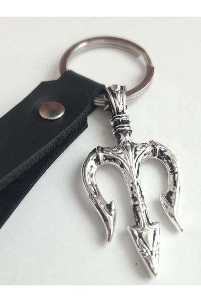 AB Takı Trident 3 Spear Symbol Fashion Black Real Leather Keychain