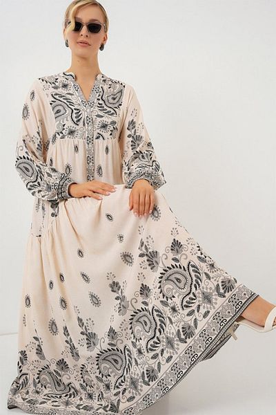 modaserdem 2423 Authentic Patterned Hijab Dress - Black - Cream