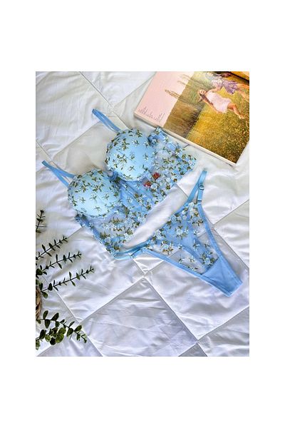 Findit Special Design Blue Lace Embroidered Flower Patterned Supported Bralet Set