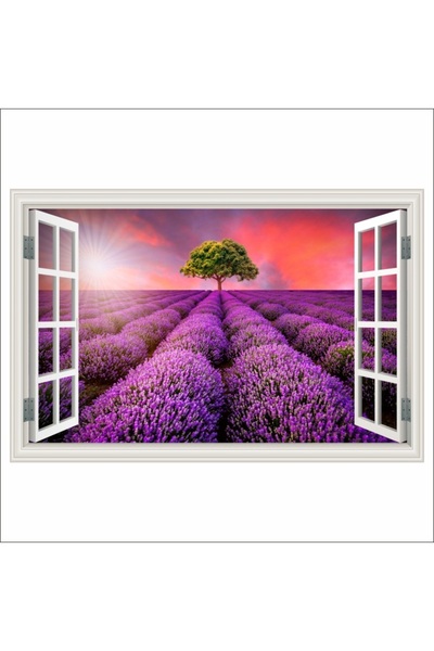 media Fototapet autocolant Fereastra Camp de lavanda, vara, apus de soare, 13...