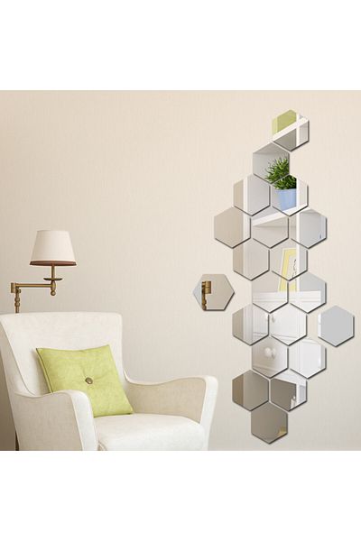 OEM Set de oglinzi acrilice cu design hexagonal - Oglinzi decorative, mărime XL, argintii, Luxury Home, 12 piese/set