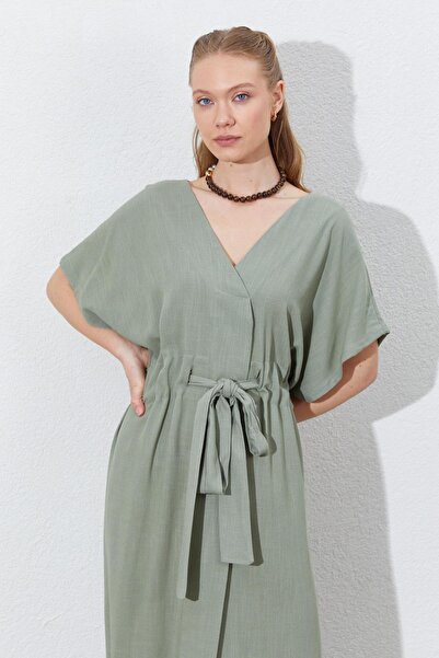 TENA Γυναικείο Χακί Χαμηλό Μανίκι Μέση Τούνελ Ζώνη Λινό Μακρύ Φόρεμα