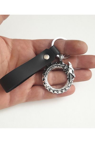 AB Takı Self-Eating Snake Premium Symbol Fashion Black Real Leather Keychain