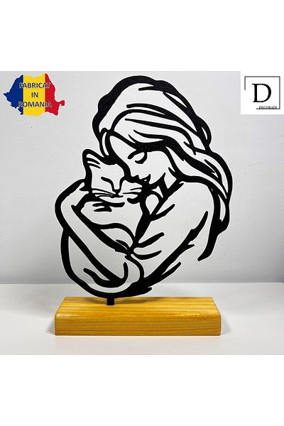 OEM "Feline Hug" decoration with natural wood base, 21 cm, black, 3D printed