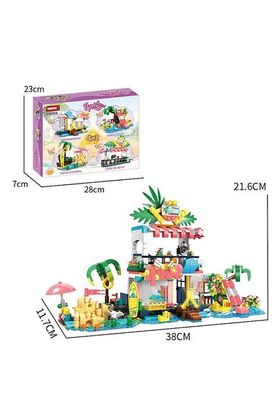 WOMA Construction Set Woma Toys® – 4 in 1 for Beach, 617 Pieces, Surf Shop, Ocean Park, Beach Carnival