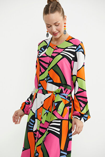 Sementa Plus Size Geometric Patterned Long Dress - Fuchsia