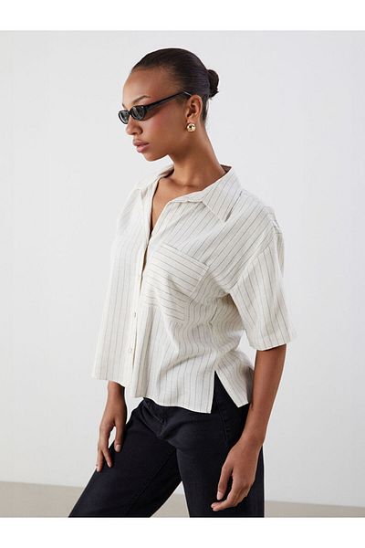 LC Waikiki Beige Striped Linen Blend Women's Shirt