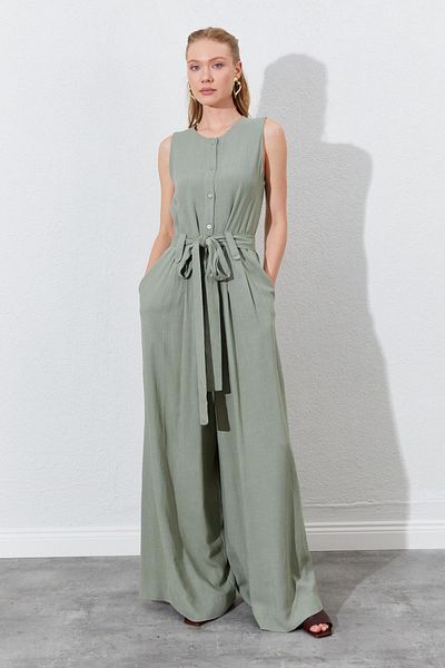 TENA Women's Khaki Sleeveless Belted Double Leg Jumpsuit