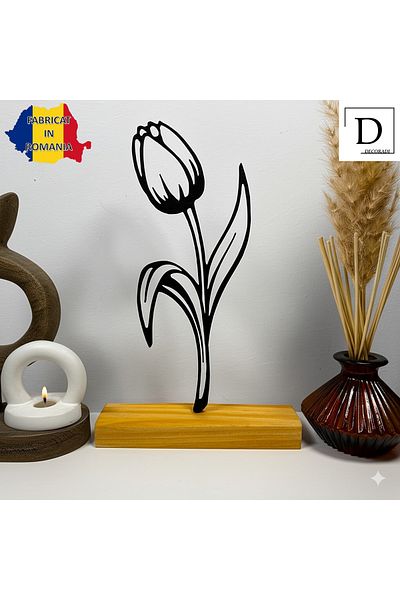 OEM "Tulip" decoration with natural wooden base, 22 cm, black, 3D printed