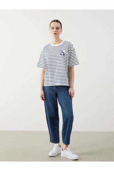 LC Waikiki Black Crew Neck Striped Women's T-Shirt