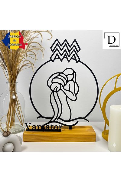 OEM Zodiac decoration "AQUARIUS" with natural wooden base, 19 cm, black, 3D printed