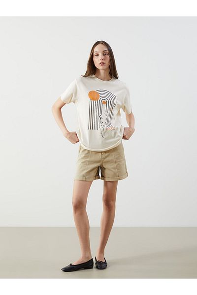 LC Waikiki Beige Crew Neck Printed Women's T-Shirt