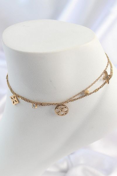 Celira Steel Gold Color 2-Piece Chain Dream Cap Figure Zircon Stone Detail Women's Anklet