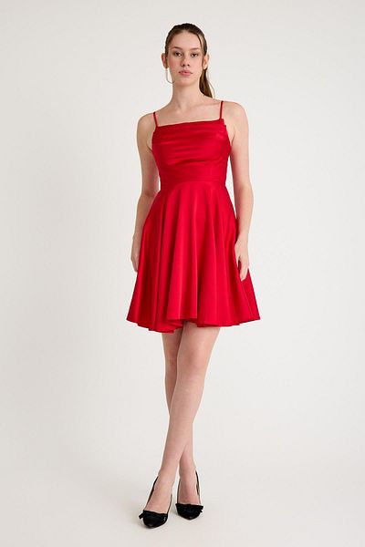 SpringStore Red Degaje Collar Satin Short Evening Dress