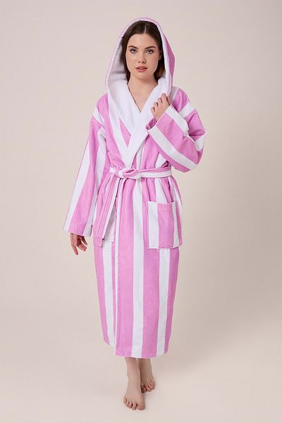 VEVİEN HOME Striped Patterned Digital Printed Hooded Bathrobe Lila
