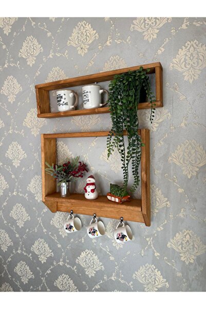 Wooden Factory 2 Katlı Ahşap Duvar Rafı – Kupa Askılı Kahve Köşesi Rafı, Doğal Ahşap