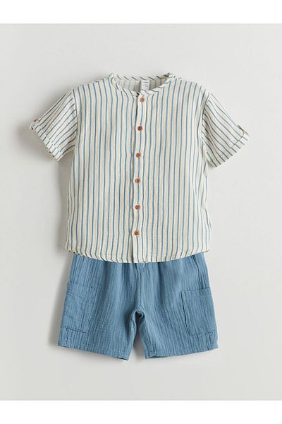 LC Waikiki Lcw Kids Beige Striped Boys' Shirt and Shorts 2-Pack