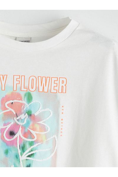 LC Waikiki Ecru Crew Neck Floral Girl's T-Shirt