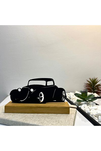 OEM "Hot Rod Rebel" decoration with natural wood base, 9 cm, black, 3D printed