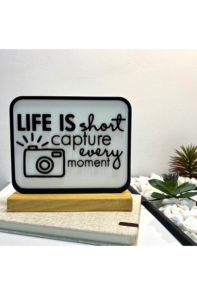 OEM "Capture Every Moment" decoration with natural wood base, 15 cm, white / black, 3D printed
