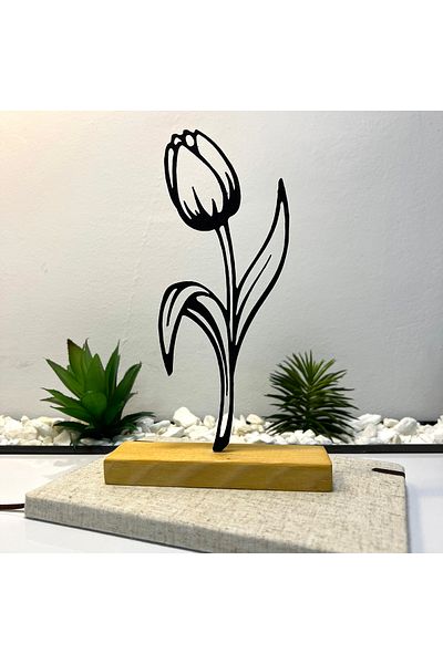 OEM "Tulip" decoration with natural wooden base, 22 cm, black, 3D printed