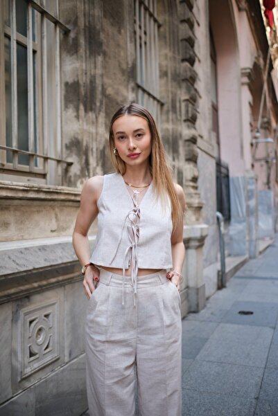 Eloe Voile d’Âme Kadın Bej Ham Keten İpli Yelek Palazzo Takım