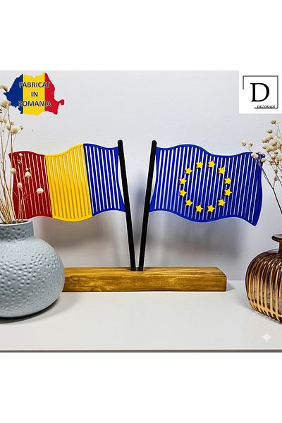OEM "RO&EU Flag" decoration with natural wooden base, 17.5 cm, multicolor, 3D printed