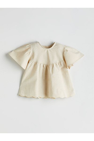 LC Waikiki Beige Crew Neck Embroidered Girl's Blouse