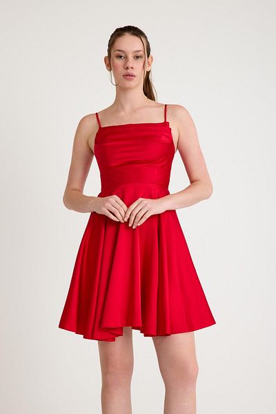 SpringStore Red Degaje Collar Satin Short Evening Dress