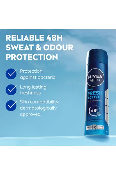 NIVEA MEN Fresh Active Antibacterial Deodorant Spray for Men, 48H Active, 200ml, Pack of 2