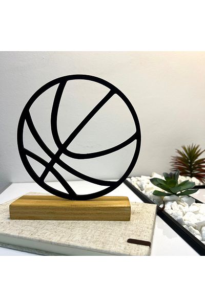 OEM "Basketball" decoration with natural wooden base, 16.5 cm, black, 3D printed