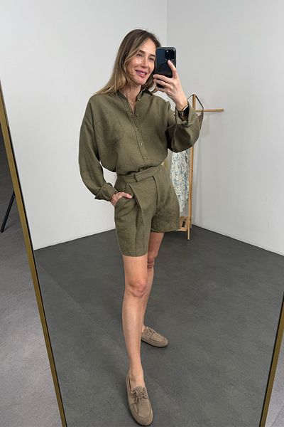 5in1Canpolat Khaki 100% Linen Oversize Shirt