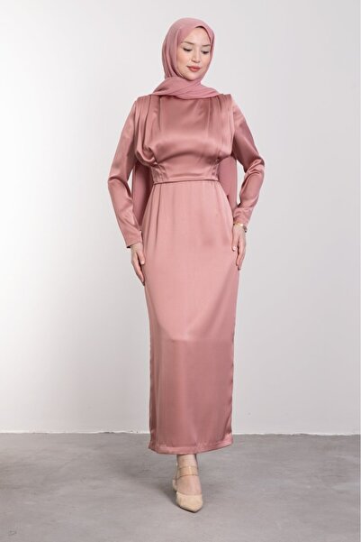 Lamia Giyim Üstü Dökümlü Bele Oturan Tesettür Abiye Pudra