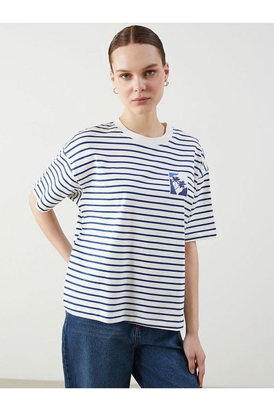 LC Waikiki Black Crew Neck Striped Women's T-Shirt