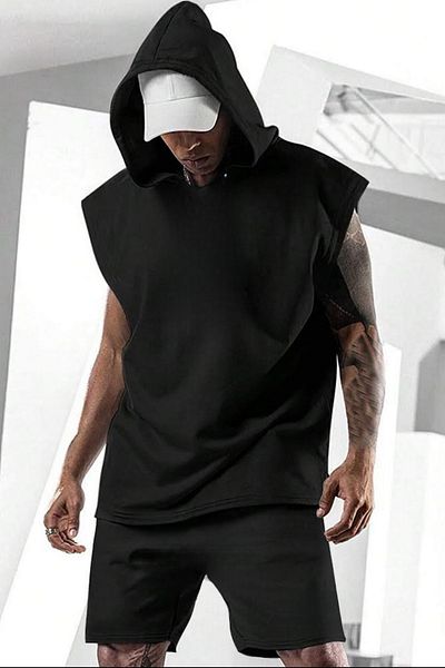NO 601 Men's Black Hooded Sleeveless T-Shirt Black Combed Cotton Shorts Plain Set