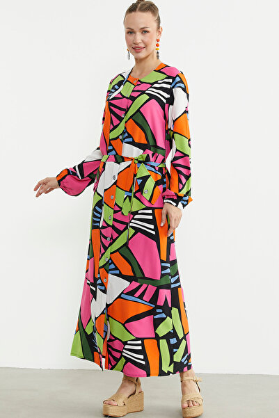 Sementa Plus Size Geometric Patterned Long Dress - Fuchsia