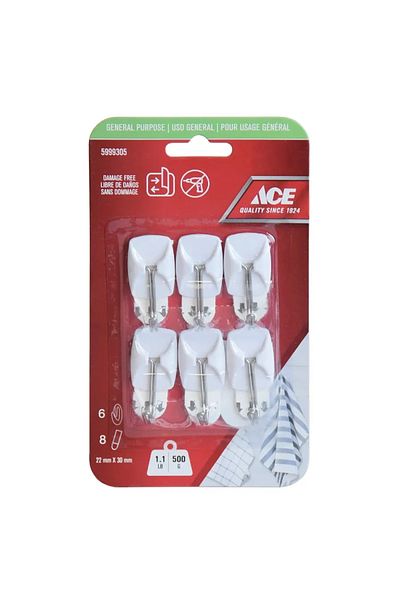 ACE Adhesive Hook Pack (6 Pc., 2.2 x 3 cm, White)