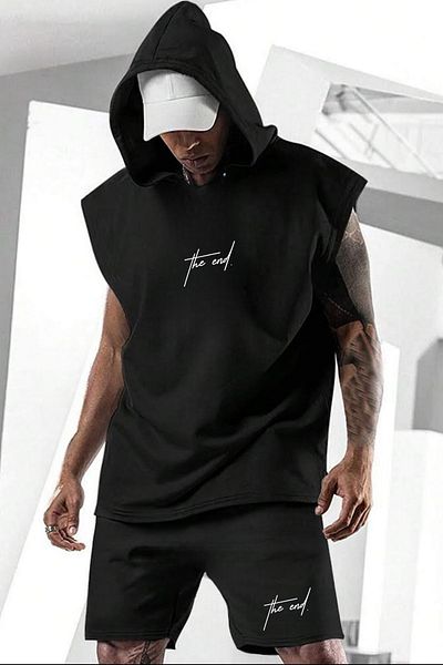 NO 601 Men's Black Hooded Sleeveless T-Shirt Black Combed Cotton Shorts Embossed the End Printed Set