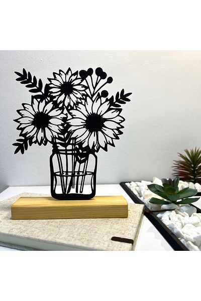OEM "Black Sunbeam" decoration with natural wood base, 18.5 cm, black, 3D printed