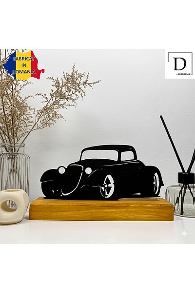 OEM "Hot Rod Rebel" decoration with natural wood base, 9 cm, black, 3D printed
