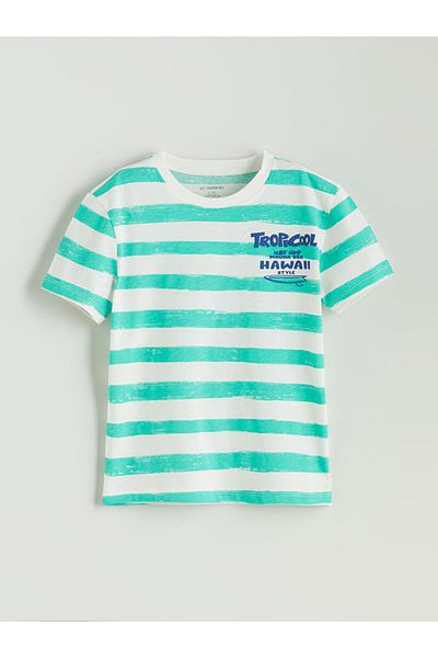 LC Waikiki Green Crew Neck Striped Boy's T-Shirt