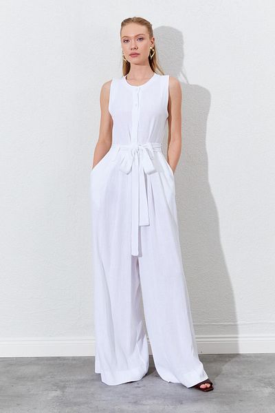 TENA Women's White Sleeveless Belted Double Leg Jumpsuit