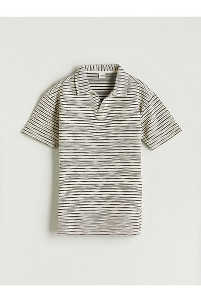 LC Waikiki Black Polo Neck Striped Boy's T-Shirt