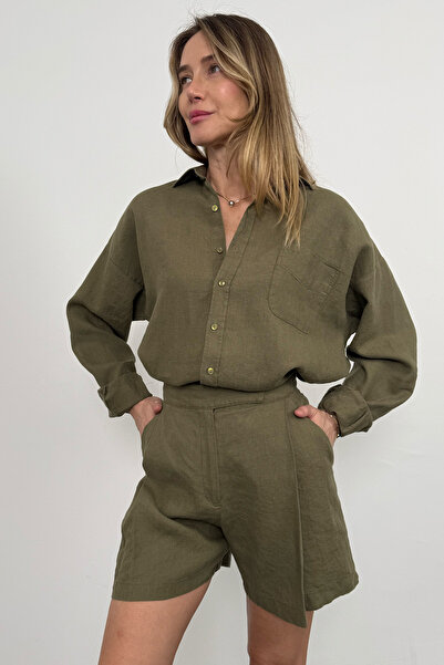 5in1Canpolat Khaki 100% Linen Oversize Shirt