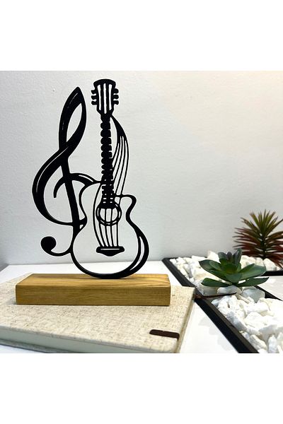 OEM "Guitar & G Clef" decoration with natural wood base, 20.5 cm, black, 3D printed