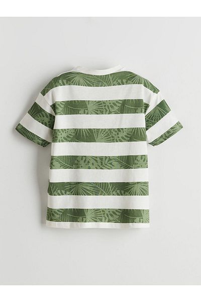 LC Waikiki Ecru Crew Neck Striped Combed Cotton Boy's T-Shirt